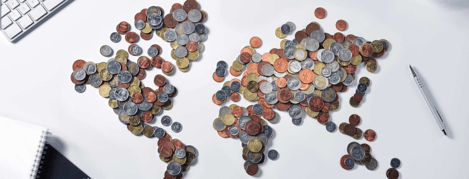 Continents made up of coins representing international FX